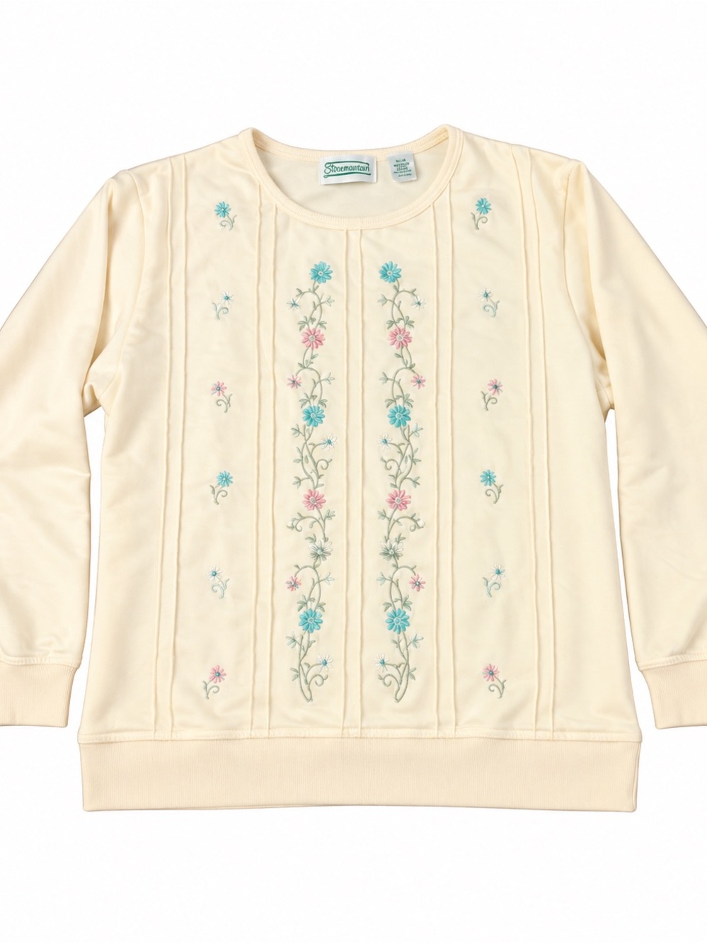 Stone Mountain Accessories Cream Pullover with Blue & Pink Floral Embroidery